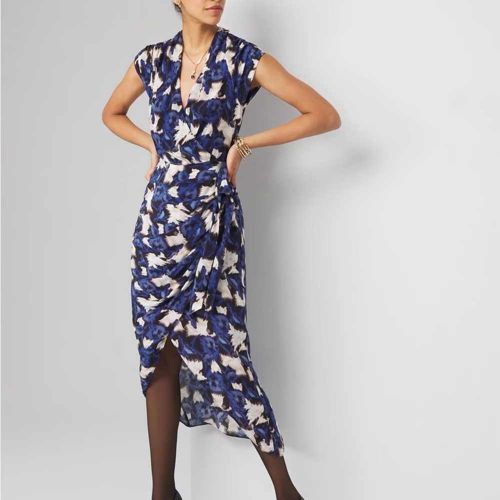 Blue and White Floral Wrap-Detail Midi Dress